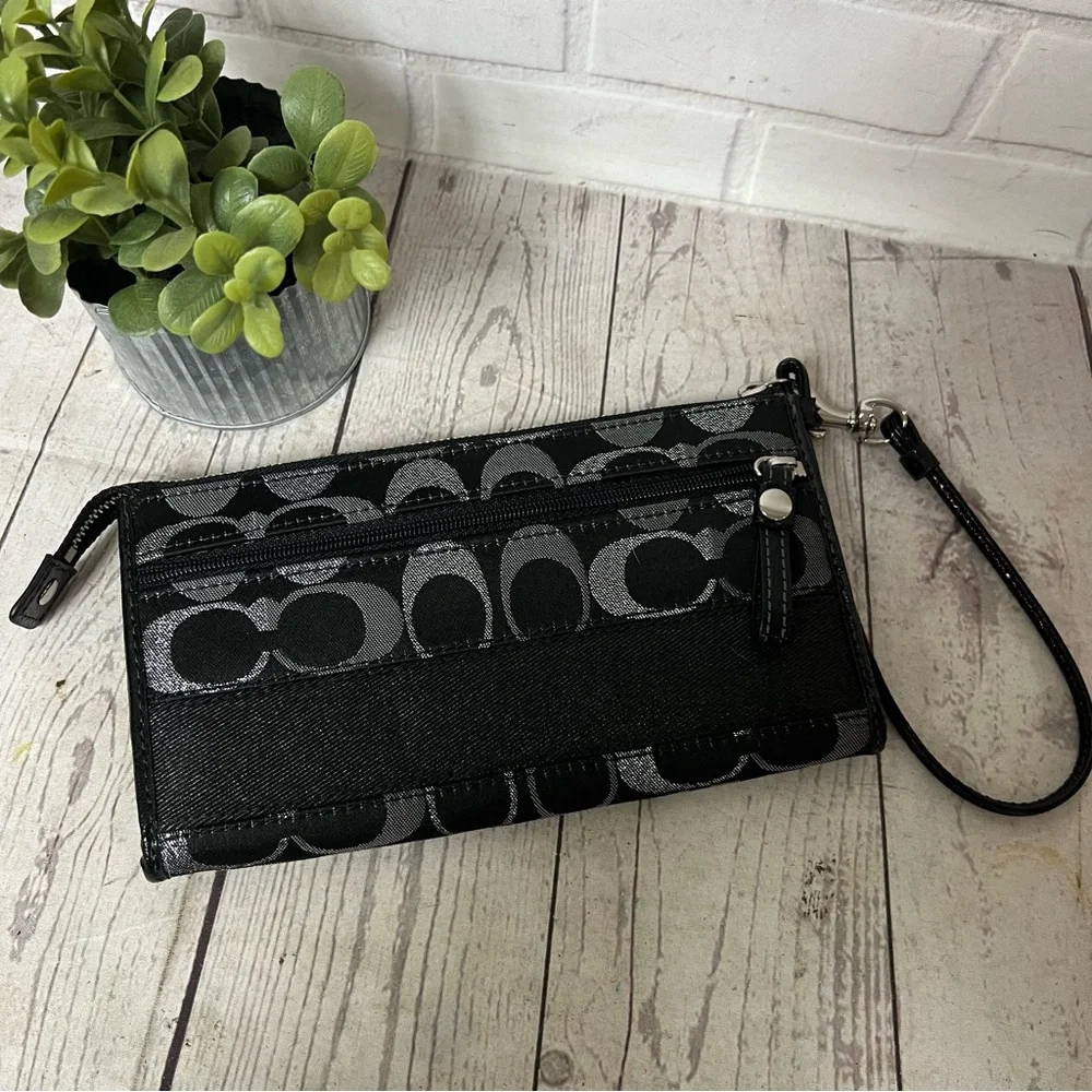 Coach Black Silver Signature Monogram Canvas Stripe Wristlet Wallet Metallic - Picture 2 of 15